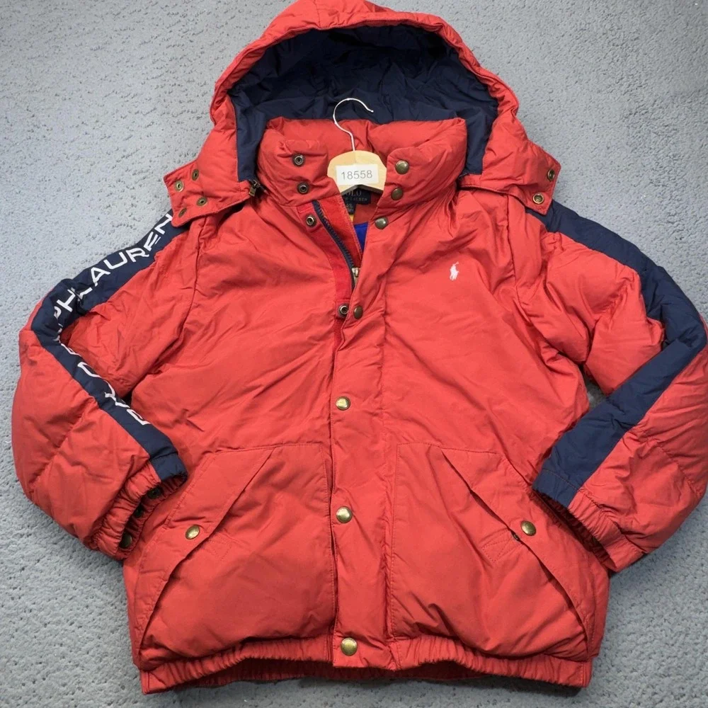 Polo Ralph Lauren Jacket Boys 14-16 Red Puffer Hooded Down Zip Taffeta